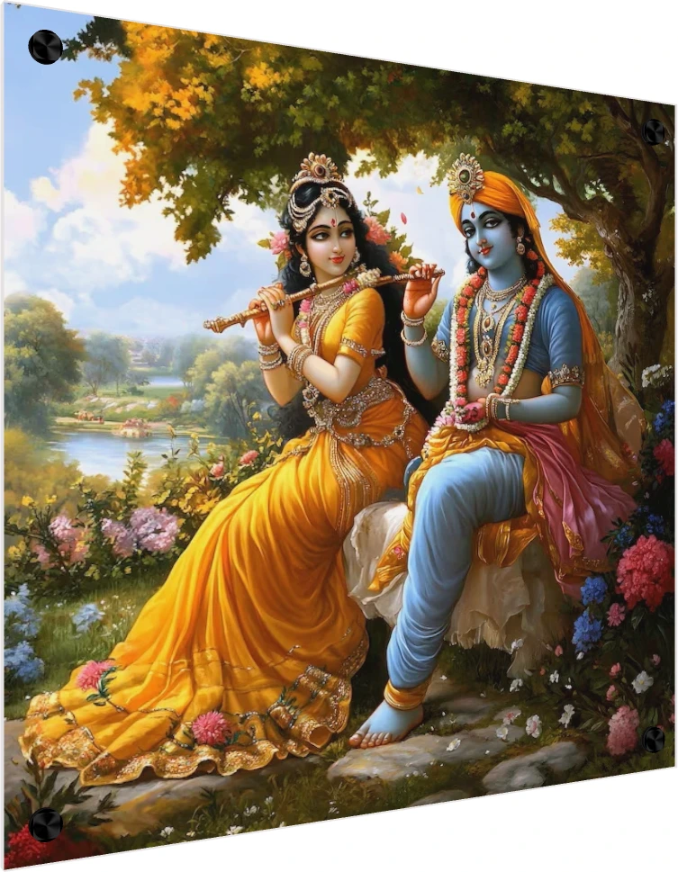 Devotional painting of Radha in a yellow lehenga holding a flute, sitting next to Krishna in a blue dhoti under a lush tree. — acrylic preview | PrintPosters.in